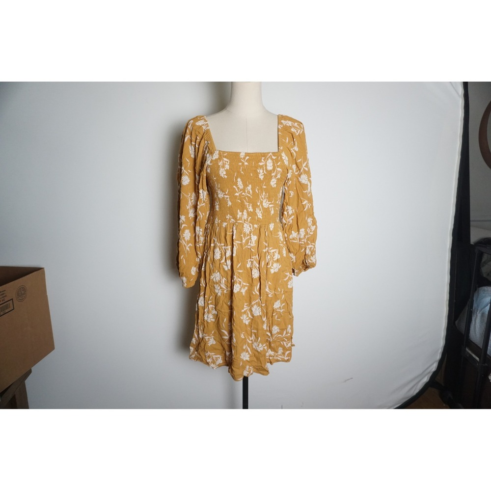 Billabong Mustard Yellow Floral Smocked Mini Dress Long Puff Sleeve Medium